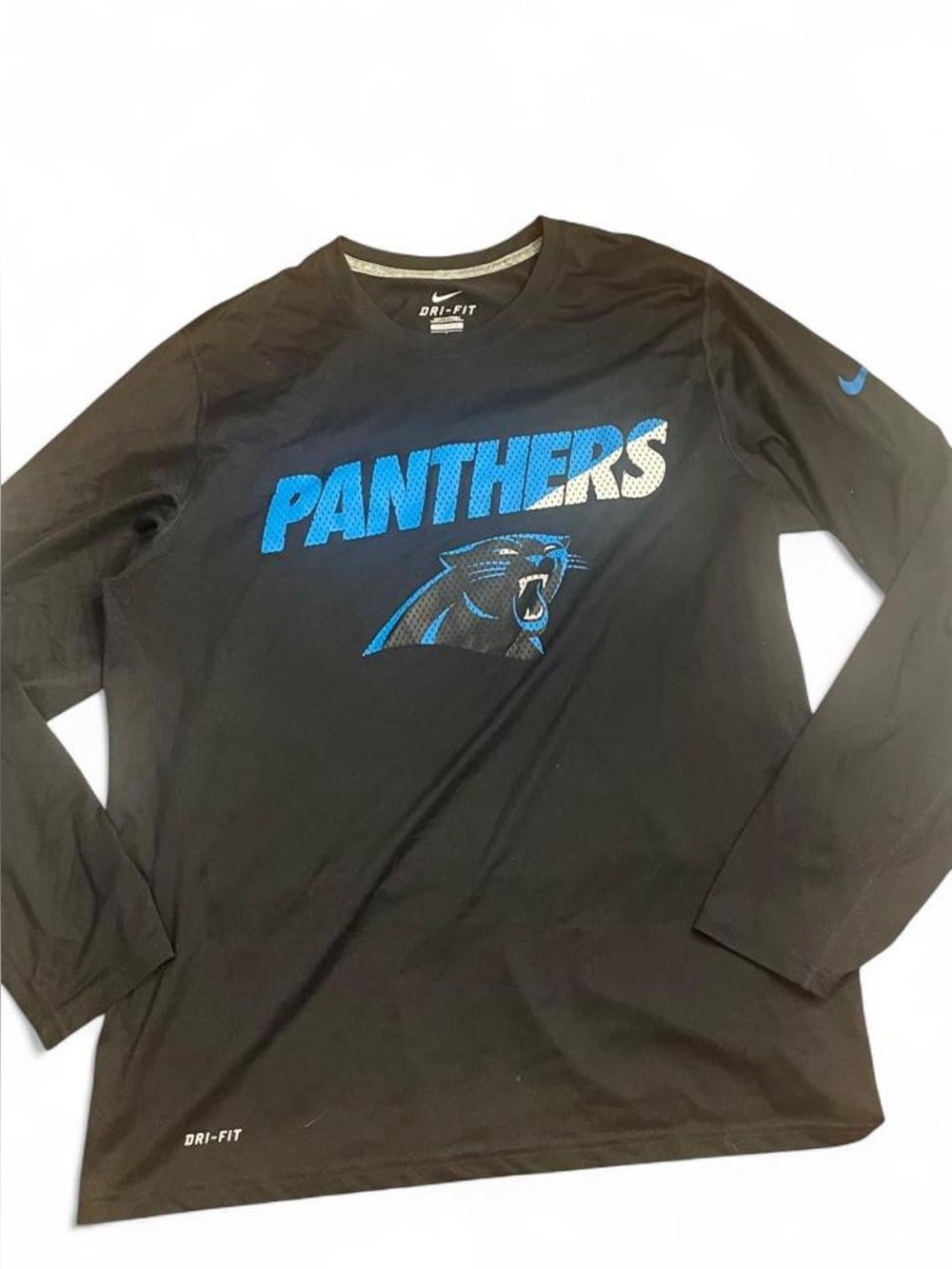 Nike Panthers black long sleeve Dri Fit shirt with blue panther graphic, size L